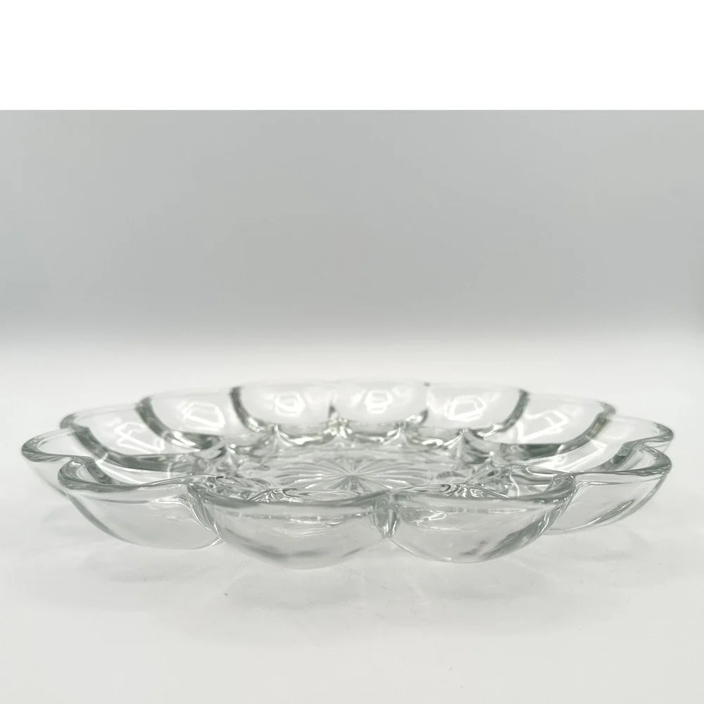 Vintage Anchor Hocking Deviled Egg Plate 10 Inch Clear Glass Scalloped Starburst